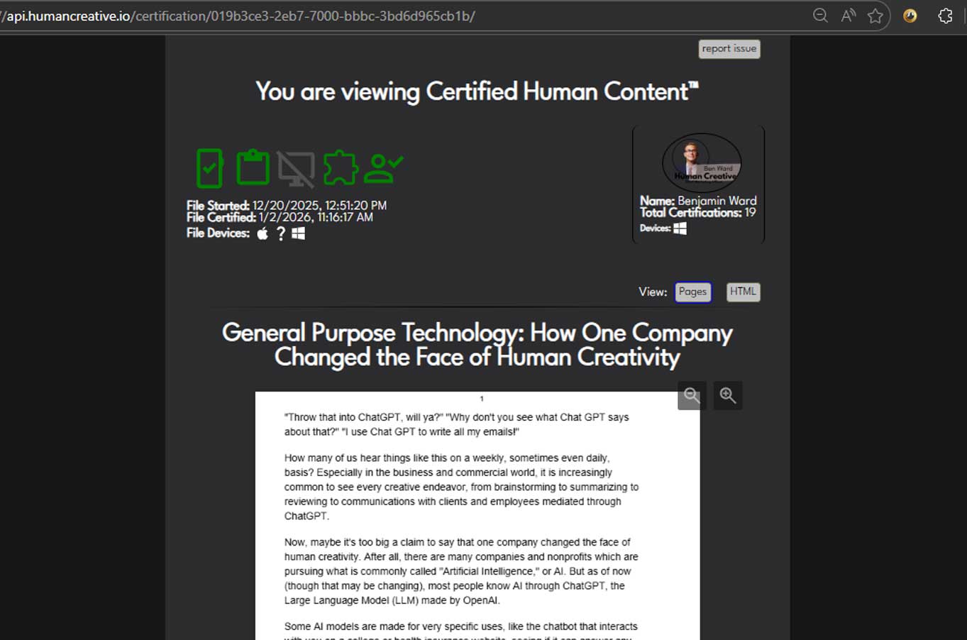 Academic Certificate from Human Creative